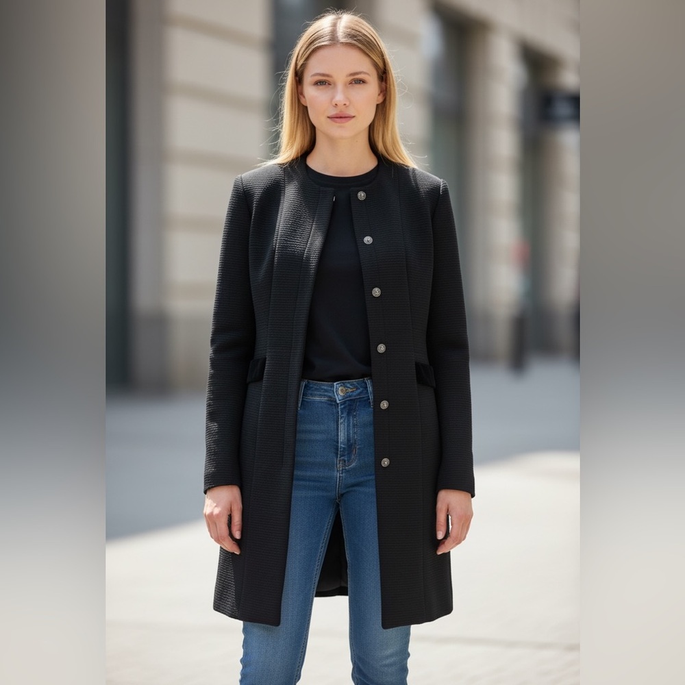 Emporio Armani Structured Long Coat with velvet trim – Black – Size EU 42